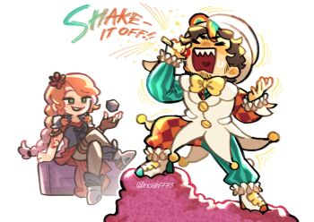 Rule 34 | 1boy, 1girl, animification, arm tattoo, armor, beard stubble, black armor, block (object), blush, bow, bowtie, braid, brown gloves, brown hair, closed eyes, commentary, crossed legs, deformed, english commentary, english text, facial hair, flower, geminitay, geminitay (dragon rider), gloves, green eyes, hair flower, hair ornament, hat, hermitcraft, highres, holding, holding microphone, jester, long hair, microphone, minecraft, minecraft youtube, multicolored hair, multicolored pants, music, noah1773, official alternate costume, open mouth, orange hair, pants, red flower, red skirt, sharp teeth, shoes, short hair, shoulder armor, shulker box, simple background, singing, single braid, single glove, skirt, smallishbeans, streaked hair, stubble, sweatdrop, tattoo, teeth, very long hair, white background, white hat, white shoes, yellow bow, yellow bowtie