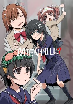 4girls ? ?? animal_ears baseball_bat black_hair black_socks blazer blue_serafuku blue_shirt blue_skirt bow bowtie brown_eyes brown_jacket cat_ears closed_eyes commentary female_pervert flower_hairband gekota green_eyes highres holding holding_baseball_bat jacket long_hair mac-v medium_hair metal_baseball_bat misaka_mikoto multiple_girls neckerchief object_on_head panties panties_on_head parody pervert pleated_skirt print_panties red_bow red_bowtie red_neckerchief sailor_collar sailor_shirt sakugawa_school_uniform saten_ruiko school_uniform serafuku shirai_kuroko shirt shokuhou_misaki short_hair signature silent_hill_(series) silent_hill_f skirt socks symbol-only_commentary toaru_kagaku_no_railgun toaru_majutsu_no_index tokiwadai_school_uniform torn_clothes torn_shirt twintails underwear winter_uniform