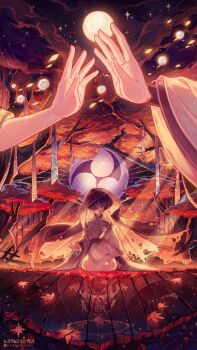 Rule 34 | 2boys, absurdres, alternate costume, artist name, ashes, autumn leaves, commentary, crying, crying with eyes open, death, dual persona, full moon, genshin impact, glowing, hair between eyes, hair over one eye, highres, hoshiakari lenu, japanese clothes, leaf, long sleeves, looking down, moon, moonlight, multiple boys, night, official alternate costume, outdoors, purple eyes, purple hair, purple veil, red background, reflection, reflection focus, sad, scaramouche's sickly friend (genshin impact), scaramouche (genshin impact), scaramouche (kabukimono) (genshin impact), seiza, shade, sitting, sky, solo focus, spoilers, star (sky), starry sky, tears, tomoe (symbol), tree, veil, wide sleeves