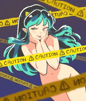 Rule 34 | !, 1girl, caution tape, commentary, completely nude, cone horns, convenient censoring, covering breasts, covering privates, english commentary, green hair, highres, horns, long hair, lum, mamanooke, navel, nude, one eye closed, orange eyes, pointy ears, sidelocks, solo, tongue, tongue out, urusei yatsura