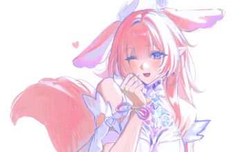 1girl 35684187031 animal_ears arm_strap bare_shoulders blush center-flap_bangs cyrene_(demiurge)_(honkai:_star_rail) cyrene_(honkai:_star_rail) diamond-shaped_pupils diamond_(shape) eyelashes grey_eyes hair_intakes hand_up heart highres honkai:_star_rail honkai_(series) kemonomimi_mode long_hair looking_at_viewer mem_(honkai:_star_rail) one_eye_closed open_mouth pink_hair pointy_ears portrait ribbon shirt simple_background solo symbol-shaped_pupils tail white_background white_shirt wrist_ribbon