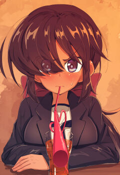 1girl black_coat black_eyes black_hair black_neckerchief blouse blush bow bowtie closed_mouth coat commentary crazy_straw crossed_arms cup dark-skinned_female dark_skin dixie_cup_hat drinking drinking_glass drinking_straw frown girls_und_panzer hair_bow hair_over_one_eye hat heart_straw highres jinguu_(4839ms) long_hair long_sleeves looking_at_viewer military_hat neckerchief ogin_(girls_und_panzer) ooarai_naval_school_uniform open_clothes open_coat ponytail pov red_bow red_bowtie sailor sailor_collar school_uniform shared_straw shirt solo sweatdrop white_hat white_shirt