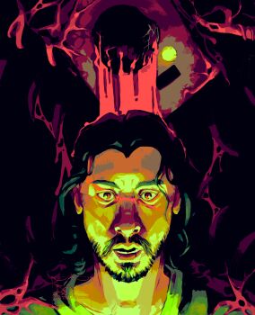 Rule 34 | 1boy, beard, black eyes, black hair, blood, blood on face, bloody tears, commentary, creature, english commentary, facial hair, facing viewer, highres, horror (theme), iron lung (movie), looking at viewer, male focus, medium hair, parted lips, simon (iron lung), underlighting, variant set, wavy hair, wyrmianbones