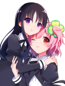 Rule 34 | 2girls, anjou seira, assault lily, black bow, black bowtie, black hair, black jacket, black skirt, bow, bowtie, breasts, closed mouth, clover hair ornament, commentary request, hair ornament, hand on another's shoulder, highres, hitotsuyanagi riri, jacket, juliet sleeves, light frown, long hair, long sidelocks, long sleeves, looking at viewer, middle ring, multiple girls, one eye closed, one side up, parted lips, pink hair, puffy sleeves, purple eyes, red eyes, school uniform, shirai yuyu, shirt, short hair, sidelocks, simple background, skirt, small breasts, upper body, white background, white shirt, yuri, yurigaoka girls academy school uniform