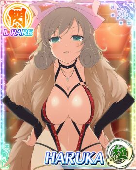 1girl black_bridal_gauntlets black_slingshot_swimsuit border bow breasts bridal_gauntlets brown_hair card_(medium) character_name cleavage coat curled_ends fur_coat game_cg green_eyes hair_bow hands_on_own_hips haruka_(senran_kagura) indoors jewelry large_breasts leaning_forward medium_hair navel necklace o-ring o-ring_swimsuit official_art open_clothes open_coat parted_lips pink_bow senran_kagura senran_kagura_new_wave slingshot_swimsuit smile solo swept_bangs swimsuit third-party_source