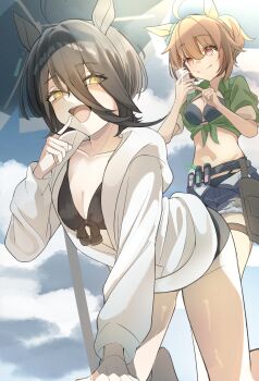 2girls absurdres agnes_tachyon_(umamusume) ahoge animal_ears arm_support beach_umbrella belt bikini black_bikini black_hair blue_bikini blue_ribbon blue_shorts bow breasts brown_hair brown_shirt buckwheat638478 camera_flash cellphone cleavage cloud collarbone cropped_shirt daikon day ear_ornament ear_ribbon ear_tag earrings high-waist_bikini high_ponytail highres holding holding_phone hood hood_down index_finger_raised jacket jewelry light_rays long_sleeves looking_at_another looking_at_viewer manhattan_cafe_(umamusume) medium_breasts multiple_girls navel open_fly open_mouth outdoors partially_open_jacket phone ponytail pouch puffy_short_sleeves puffy_sleeves radish red_eyes ribbon shirt short_ponytail short_sleeves shorts single_earring sleeves_rolled_up smartphone smile swimsuit taking_picture teeth thigh_pouch thigh_strap tied_shirt torn_clothes torn_shorts umamusume umbrella upper_teeth_only white_jacket yellow_eyes