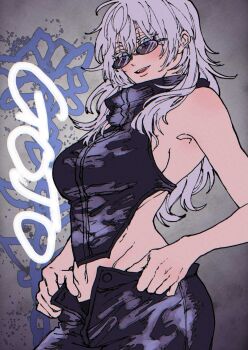 1girl adjusting_pants bare_shoulders blue_eyes blush breasts character_name clothing_request commentary cowboy_shot english_commentary from_side genderswap genderswap_(mtf) gojo_satoru grey_hair hair_between_eyes highres impossible_clothes jujutsu_kaisen large_breasts lips long_hair looking_at_viewer looking_over_eyewear mesuki_peropero midriff navel open_fly open_mouth sideboob smile solo sunglasses tongue upper_body