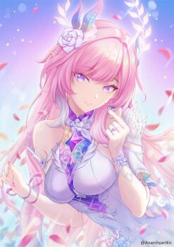 1girl anarchyart bare_shoulders breasts commentary cyrene_(honkai:_star_rail) cyrene_(ripples_of_past_reverie)_(honkai:_star_rail) flower hair_flower hair_ornament hands_up highres honkai:_star_rail honkai_(series) jewelry long_hair looking_at_viewer medium_breasts nail_polish parted_lips pink_hair pink_nails pointy_ears purple_eyes purple_flower ribbon ring solo upper_body wrist_ribbon