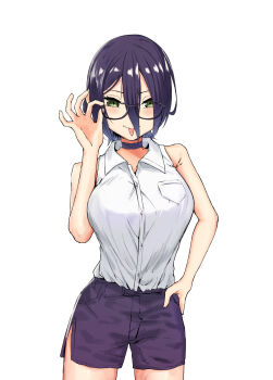 1girl black_choker breasts chainsaw_man choker collared_shirt glasses hair_between_eyes highres large_breasts purple_hair purple_shorts reze_(chainsaw_man) shirt shorts sleeveless sleeveless_shirt solo tongue tongue_out white_background white_shirt zetsuki_(theendoftheworid)