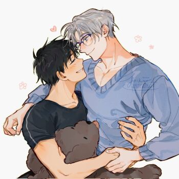 2boys black_dog black_hair black_shirt blue-framed_eyewear blush corrupted_twitter_file couple dog from_side glasses grey_hair hand_grab heart highres joikzo katsuki_yuuri looking_at_another makkachin male_focus multiple_boys over-rim_eyewear semi-rimless_eyewear shirt short_hair signature simple_background smile sweater teeth twitter_username viktor_nikiforov watermark white_background yaoi yuri!!!_on_ice