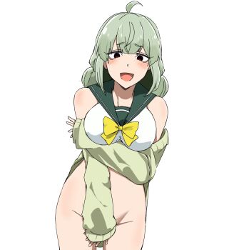 1girl araga_kiwi arm_under_breasts bare_shoulders between_legs blush bottomless breasts clothes_pull covering_privates double_bun eyebrows_hidden_by_hair female_focus green_hair green_sailor_collar green_sweater hair_bun hand_between_legs large_breasts long_sleeves looking_at_viewer mahou_shoujo_ni_akogarete medium_hair mole mole_under_eye no_pupils one_(pixiv92832278) open_mouth purple_eyes sailor_collar shirt simple_background sleeveless sleeveless_shirt sleeves_past_wrists smile solo straight-on sweater sweater_pull white_background white_shirt