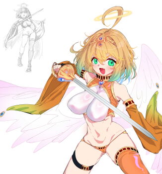 1girl absurdres ahoge angel angel_wings bare_shoulders blonde_hair breasts commentary cowboy_shot crop_top detached_sleeves double-parted_bangs english_commentary fang feathered_wings green_eyes hair_between_eyes halo headpiece highres holding holding_sword holding_weapon large_breasts looking_at_viewer open_mouth orange_panties orange_sleeves orange_thighhighs original panties rayno redrawn reference_inset short_hair simple_background single_thighhigh skin_fang smile solo_focus stomach sword thigh_strap thighhighs underwear v-shaped_eyebrows weapon white_background wings yellow_halo