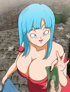 1boy 1girl artist_name blue_hair breasts dragon_ball dragonball_z erection large_breasts long_hair maron_(dragon_ball) money prostitution red_skirt skirt