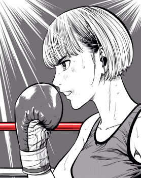 Rule 34 | 1girl, bob cut, boxing gloves, boxing ring, breasts, commentary, from side, highres, lee (dragon garou), light rays, medium breasts, mouth guard, original, short hair, sideburns, solo, sports bra, sweat, upper body, v-shaped eyebrows