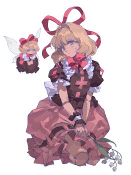 1girl absurdres black_shirt black_skirt blonde_hair blue_eyes bow bowtie chinese_commentary closed_mouth collared_shirt commentary doll_joints expressionless flower frilled_shirt_collar frills hair_ribbon highres holding holding_flower joints kneeling lily_of_the_valley looking_at_viewer medicine_melancholy medium_hair puffy_short_sleeves puffy_sleeves red_bow red_bowtie red_ribbon ribbon shirt short_sleeves simple_background skirt solo su-san touhou white_background yongyu366