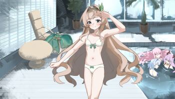 4girls ahoge belly bikini bow bra breasts commission elaine_duvelle flower flower_pot green_eyes hair_ornament highres hisui_hotaru indoors knee_up knees_up long_hair lumiel_lumiere multiple_girls navel panties pool ribbon ruvii_redcore small_breasts swimsuit table takara_live underwear virtual_youtuber water white_bra white_panties window