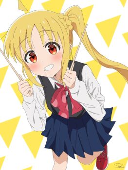 Rule 34 | 1girl, ahoge, blonde hair, blue skirt, blush, bocchi the rock!, bow, bowtie, commentary request, detached ahoge, drumsticks, happy, highres, holding, holding drumsticks, ijichi nijika, looking at viewer, pleated skirt, polka dot, polka dot bow, polka dot bowtie, red bow, red eyes, red shoes, school uniform, shimokitazawa high school uniform, shoes, side ponytail, simple background, skirt, smile, solo, standing, standing on one leg, ta4831, triangle-shaped hair, two-tone background
