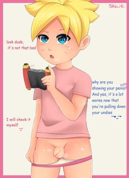 1boy absurdres blonde_hair blue_eyes boruto:_naruto_next_generations bottomless briefs clothes_pull dirty dirty_clothes flaccid foreskin framed handheld_game_console highres looking_at_viewer male_focus male_underwear male_underwear_pull naruto_(series) pee pee_stain penis pink_shirt pulling_own_clothes shiny_skin shirt short_sleeves shota signature simple_background sklueart small_penis solo solo_focus stained_clothes stained_male_underwear stained_underwear sweat testicles uncensored underwear undressing uzumaki_boruto video_game white_briefs white_male_underwear yaoi