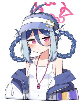 Rule 34 | 1girl, bare shoulders, blue archive, blue hair, blush, braid, braided hair rings, breasts, fubuki (blue archive), fubuki (swimsuit) (blue archive), hair between eyes, hair rings, halo, highres, jacket, looking at viewer, off shoulder, one-piece swimsuit, open clothes, open jacket, red eyes, red halo, simple background, small breasts, solo, swimsuit, tagyeokgam, upper body, visor cap, whistle, whistle around neck, white background, white one-piece swimsuit
