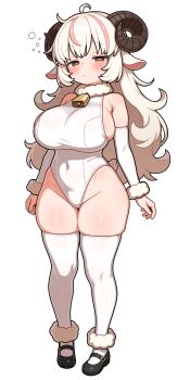 1girl absurdres animal_ears bell breasts commentary_request curvy full_body highres horns large_breasts leotard long_hair original petite sheep_ears sheep_girl sheep_horns shiguren_39 shortstack simple_background solo thick_thighs thighhighs thighs white_background white_thighhighs wide_hips