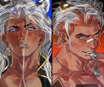 Rule 34 | 2boys, animal ears, bandage on nose, black shirt, blue eyeliner, chest tattoo, collarbone, collared shirt, commentary, dark-skinned male, dark skin, dog tags, earrings, eyeliner, forked eyebrows, gold trim, gradient hair, grey hair, hair down, jamie siu, jewelry, kemonomimi mode, krkrkrbkkkkkkk, long hair, looking down, looking to the side, luke sullivan, makeup, male focus, multicolored hair, multiple boys, necklace in mouth, official alternate hair color, official alternate skin color, open clothes, open shirt, orange eyes, orange hair, pectorals, piercing, popped collar, sanpaku, shirt, short sideburns, street fighter, street fighter 6, stud earrings, symbol-only commentary, tattoo, tiger boy, tiger ears, white hair