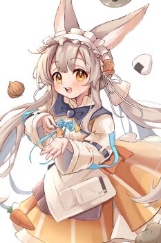 1girl :d absurdres animal_ears arknights blue_ribbon blush brown_hair carrot commentary_request cowboy_shot food frilled_hairband frills hair_ribbon hairband highres holding layered_skirt long_hair long_sleeves looking_at_viewer onigiri onion open_mouth orange_eyes orange_skirt ribbon ribbon-trimmed_sleeves ribbon_trim riu_kawano shirt simple_background skirt smile solo standing teeth upper_teeth_only warmy_(arknights) white_background white_hairband white_ribbon white_shirt