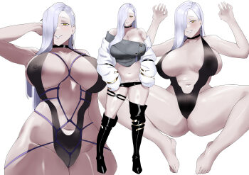1girl absurdres areola_slip bare_shoulders barefoot black_boots black_one-piece_swimsuit black_shorts blue_lips boots breasts center_opening choker cleavage collarbone covered_erect_nipples dommy_davson dress earrings eyeliner fate/grand_order fate_(series) grey_dress grin hair_over_one_eye highleg highleg_one-piece_swimsuit highres hoop_earrings jacket jewelry large_breasts long_hair long_sleeves looking_at_viewer makeup micro_shorts mrs._snake_(fate) multiple_views navel off_shoulder one-piece_swimsuit rope shibari shibari_over_clothes shorts smile spread_legs sweater sweater_dress swimsuit tassel thick_thighs thigh_boots thighs white_hair white_jacket yellow_eyes