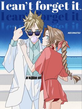 Rule 34 | 1boy, 1girl, aerith gainsborough, alternate costume, aqua shirt, artist name, ass, belt, black belt, blonde hair, blowing bubble gum, blue eyes, braid, braided ponytail, brown hair, chewing gum, cloud strife, collared shirt, commentary request, cowboy shot, final fantasy, final fantasy vii, formal clothes, green eyes, hair ribbon, hand on another's shoulder, highres, jacket, long hair, nekomatsu, one-piece swimsuit, pants, parted bangs, pink jacket, pink ribbon, pointing, pointing at self, red one-piece swimsuit, ribbon, shirt, short hair, sidelocks, single braid, spiked hair, suit, suit jacket, sunglasses, swimsuit, white jacket, white pants, white suit