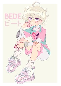 1boy absurdres androgynous bandaid bede_(pokemon) blush cam_(makoanns) character_name curly_hair dynamax_band highres jersey nintendo official_alternate_costume pink_shoes pokemon pokemon_swsh shoes sneakers socks solo trap undershirt white_hair white_socks yellow_background
