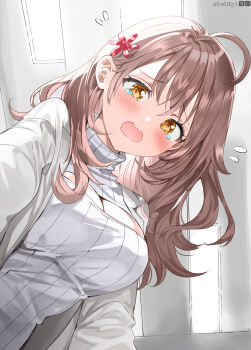 1girl absurdres ahoge blush breasts brown_eyes brown_hair cleavage clothing_cutout coat colorized dot_nose dress female_focus flower flower_on_head hair_flower hair_ornament highres large_breasts long_hair long_sleeves looking_at_viewer mariya_mikhailovna_kujou momoko_(momopoco) novel_illustration official_art open_mouth pov red_flower scared solo solo_focus tears tokidoki_bosotto_roshia-go_de_dereru_tonari_no_alya-san turtleneck turtleneck_dress white_coat white_dress worried