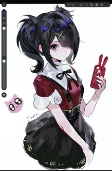1girl absurdres ame-chan_(needy_girl_overdose) art_program_in_frame black_eyes black_hair black_nails black_skirt chayexuanhai chinese_commentary collared_shirt commentary_request cropped_legs emoji hair_ornament hair_over_one_eye heart highres holding holding_phone looking_at_viewer multicolored_nails neck_ribbon needy_girl_overdose phone pien_cat_(needy_girl_overdose) pleading_face_emoji puritan_collar red_nails red_shirt ribbon shirt short_sleeves sidelocks skirt solo suspender_skirt suspenders twintails x_hair_ornament
