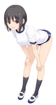 1girl absurdres aoyama_sumika black_hair black_shoes blue_buruma breasts brown_eyes buruma coffee-kizoku commentary_request full_body gym_shirt gym_uniform hands_on_own_knees highres leaning_forward medium_breasts original shirt shoes short_hair simple_background solo t-shirt uwabaki white_background white_shirt