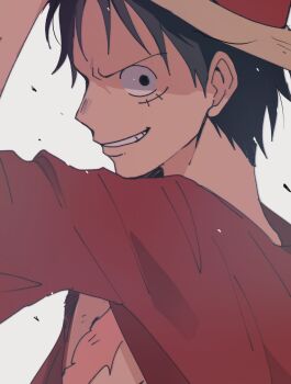 Rule 34 | 1boy, black hair, chatubo, commentary request, debris, facial scar, from side, hat, highres, looking at viewer, male focus, monkey d. luffy, one piece, open clothes, open shirt, parted lips, profile, red shirt, scar, scar on cheek, scar on chest, scar on face, shirt, short hair, simple background, solo, straw hat, upper body