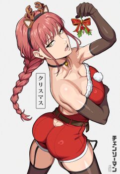Rule 34 | 1girl, absurdres, animal ears, belt, black choker, braid, braided ponytail, breasts, brown belt, chainsaw man, choker, deer ears, dress, elbow gloves, fake ears, gloves, highres, holding, holding mistletoe, large breasts, long hair, looking at viewer, makima (chainsaw man), mikey pie, mistletoe, red dress, red hair, ringed eyes, santa costume, santa dress, solo, yellow eyes