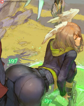 1boy 1girl ass bent_over black_bodysuit black_jacket blue_eyes blush bodysuit breasts brown_hair bulge buttjob buttjob_over_clothes commentary_request cutesexyrobutts duplicate erection erection_under_clothes eunie_(xenoblade) green_hoodie head_wings hetero highres hood hoodie jacket large_breasts long_sleeves looking_back naughty_face noah_(xenoblade) pixel-perfect_duplicate red_jacket smile solo_focus staff teasing watermark weapon web_address white_wings wings xenoblade_chronicles_(series) xenoblade_chronicles_3
