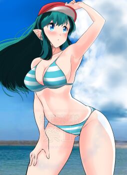 1girl absurdres baseball_cap bikini blue_bikini blue_eyes blue_sky cloud commentary_request day feet_out_of_frame green_hair hand_on_own_thigh hat highres long_hair looking_up lum mountainous_horizon nanao_futaba ocean outdoors red_hat sky solo standing striped_bikini striped_clothes swimsuit urusei_yatsura watermark