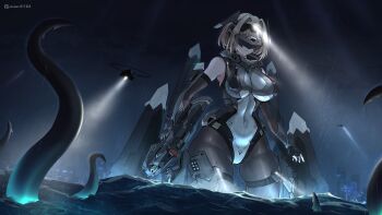 Rule 34 | 1girl, absurdres, aircraft, bare shoulders, black gloves, blindfold mask, bodysuit, breasts, building, chinese commentary, cityscape, commentary request, covered navel, fingerless gloves, giant, giantess, gloves, gun, helicopter, highres, holding, holding gun, holding weapon, impossible bodysuit, impossible clothes, large breasts, large variant set, mask, mecha musume, medium hair, night, original, rain, searchlight, sherman (egnk2525), skin tight, skyscraper, textless version, thigh strap, variant set, wading, water, weapon