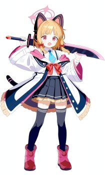 1girl :o absurdres animal_ear_headphones animal_ears arm_up black_skirt black_thighhighs blonde_hair blue_archive blue_necktie blunt_bangs boots bow buttons cat_ear_headphones cat_ears cat_tail chestnut_mouth collared_shirt commentary dress_shirt fake_animal_ears fake_tail full_body hair_bow halo headphones highres holding holding_behind_back holding_sword holding_sword_behind_back holding_weapon holding_weapon_behind_back hood hood_down hooded_jacket jacket knight1208 layered_sleeves long_sleeves looking_at_viewer low-tied_sidelocks miniskirt momoi_(blue_archive) necktie off_shoulder open_mouth parted_bangs pink_boots pink_eyes pink_halo pink_jacket pink_trim pleated_skirt red_bow school_uniform shirt shirt_tucked_in short_hair sidelocks simple_background skirt smile solo standing sword tail thighhighs weapon white_background white_jacket white_shirt wide_sleeves zettai_ryouiki