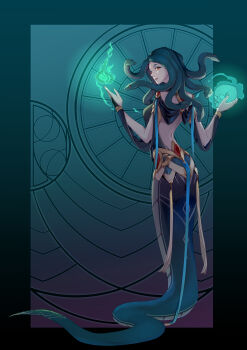 Rule 34 | 1girl, absurdres, arm cutout, backless dress, backless outfit, belt, border, bracelet, casting spell, closed mouth, clothing cutout, dress, fantasy, fire, full body, gold belt, gold bracelet, gradient border, green dress, green fire, green nails, highres, holding, holding skull, jewelry, lamia, looking at viewer, looking back, magic, miniskirt, mono-san no tonkatsu, monster girl, orange eyes, original, outside border, ribbon, skirt, skull, slit pupils, snake hair, solo