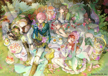 2boys 3girls alternate_costume animal_ears blue_shawl bonnet boots breasts brown_hair cake cake_slice colored_tips commentary_request copyright_notice cup dress elu_(nijisanji) flower food fruit full_body green_boots green_dress green_eyes green_hair grey_hair hanabatake_chaika head_rest heterochromia high_heels hitokoto inui_toko jacket large_breasts light_rays long_sleeves looking_at_viewer lying monocle multicolored_hair multiple_boys multiple_girls nijisanji no_shoes official_art on_back one_eye_closed panties petals pink_flower pink_hair pink_rose pink_shoes plate pointy_ears red_eyes red_hair rose sample_watermark saotome_berry saucer shawl shoes smile strawberry stuffed_animal stuffed_toy sumeragi_reo sunbeam sunlight tail teacup teapot teddy_bear tiered_tray underwear unworn_shoes virtual_youtuber watermark white_jacket white_panties yellow_eyes