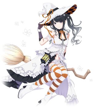 1girl black_hair blue_eyes boots broom broom_riding gloves hat high_heel_boots high_heels idolmaster idolmaster_shiny_colors idolmaster_shiny_colors_song_for_prism kazano_hiori lantern multicolored_hair official_art short_shorts shorts smile solo striped_clothes striped_thighhighs thighhighs transparent_background white_hair witch_hat