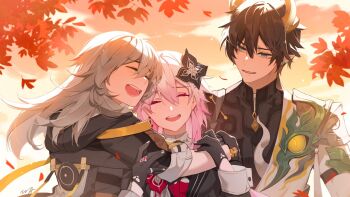 1boy 2girls black_flower black_gloves black_hair black_jacket black_shirt chinese_commentary closed_eyes coat commentary_request dan_heng_(honkai:_star_rail) dan_heng_(permansor_terrae)_(honkai:_star_rail) dragon_boy dragon_horns earclip earrings evernight_(honkai:_star_rail) falling_leaves flower gloves grey_hair hair_between_eyes hair_flower hair_ornament hairclip half-coat hand_on_another's_shoulder hands_up honkai:_star_rail honkai_(series) hood hooded_jacket horns hug jacket jewelry leaf light_blush long_hair looking_at_another march_7th_(honkai:_star_rail) medium_hair multiple_girls open_mouth outdoors parted_lips pink_hair pointy_ears ring shirt signature single_earring sleeves_rolled_up smile stelle_(honkai:_star_rail) tearing_up teeth tooaya trailblazer_(honkai:_star_rail) turtleneck upper_body upper_teeth_only white_coat yellow_horns