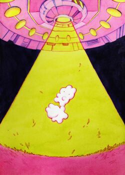 abduction alternate_colored_grass black_background commentary english_commentary floating flying_saucer grass light_rays night no_humans original outdoors rabbit red_eyes rii_abrego science_fiction solid_eyes spacecraft tractor_beam traditional_media ufo undersized_animal white_rabbit_(animal) yellow_light