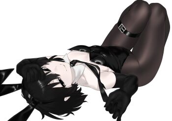 Rule 34 | 1girl, adjusting clothes, adjusting necktie, animal ear hairband, animal ears, arril100, black eyes, black gloves, black hair, black leotard, black necktie, closed mouth, commentary, detached collar, elbow gloves, empty eyes, fake animal ears, full body, gloves, hair between eyes, hairband, highres, knees up, leotard, looking at viewer, lying, monogatari (series), necktie, on back, oshino ougi, pale skin, pantyhose, playboy bunny, rabbit ear hairband, rabbit ears, short hair, simple background, smile, solo, strapless, strapless leotard, thigh gap, thigh strap, untranslatable commentary, white background