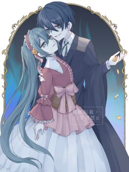 1boy 1girl akutoku_no_judgement_(vocaloid) anniversary bags_under_eyes black_robe blue_eyes blue_fire blue_hair bow breasts brown_corset cheek-to-cheek chii1113 coin collared_dress collared_shirt corset dress evil_smile evillious_nendaiki father_and_daughter fire flower flower_hairband frilled_dress frilled_hairband frilled_sleeves frills gallerian_marlon hair_between_eyes hairband hand_on_another's_shoulder hatsune_miku heads_together highres holding holding_coin holding_money judge juliet_sleeves kaito_(vocaloid) lolita_hairband long_hair long_sleeves michelle_marlon money pale_skin parted_lips pink_bow pink_dress pink_hairband pink_ribbon puffy_sleeves ribbon robe rose shirt small_breasts smile twintails underbust very_long_hair victorian vocaloid wide_sleeves yellow_flower yellow_rose