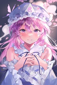 1girl absurdres alternate_hair_length alternate_hairstyle bare_shoulders black_background blue_hat blush bug butterfly closed_mouth commentary_request flua_(fee_de_la) ghost hat highres insect long_hair looking_at_viewer mob_cap own_hands_together pink_eyes pink_hair revision saigyouji_yuyuko solo touhou triangular_headpiece upper_body