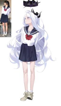 1girl black_halo black_horns blue_archive blue_skirt blush breasts demon_girl demon_horns hair_ornament halo highres hina_(blue_archive) horns li-mi long_hair looking_at_viewer multiple_horns photo-referenced photo_inset purple_eyes school_uniform shirt shoes simple_background skirt small_breasts socks solo very_long_hair white_background white_hair white_shirt white_socks