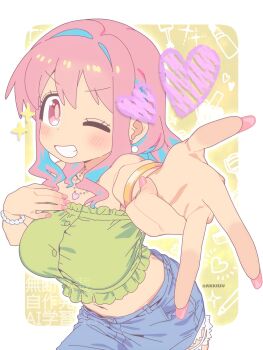 Rule 34 | 1girl, ;), artist name, bare arms, bare shoulders, bead bracelet, beads, blue hair, bracelet, commentary, cutoffs, earrings, fingernails, foreshortening, frilled tube top, frills, green tube top, grin, gyaru, hand on own chest, heart, heart necklace, highres, hozuki kaede, jewelry, kogal, long fingernails, long hair, looking at viewer, matado (almukha), midriff, multicolored hair, nail polish, navel, necklace, one eye closed, onii-chan wa oshimai!, outstretched arm, pink eyes, pink hair, pink nails, short shorts, shorts, sidelocks, simple background, smile, solo, sparkle, strapless, tube top, twitter username, two-tone hair, yellow background