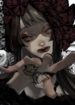 1girl black_nails blunt_bangs bug butterfly eyeshadow freckles grey_hair hand_tattoo head_tilt headdress heterochromia highres insect kasahara_iji looking_at_viewer makeup original outstretched_hand red_eyeshadow red_lips single_empty_eye solo spread_fingers tattoo white_eyes