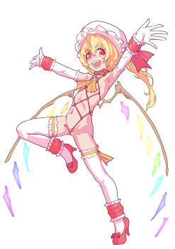 1girl absurdres blonde_hair cameltoe crystal_wings fangs flandre_scarlet flat_chest high_heels highres looking_at_viewer mersoleil03 navel open_mouth outstretched_arms red_eyes revealing_clothes side_ponytail sketch smile solo spread_arms standing standing_on_one_leg thighhighs touhou touhou_tag_dream wings wrestling_outfit